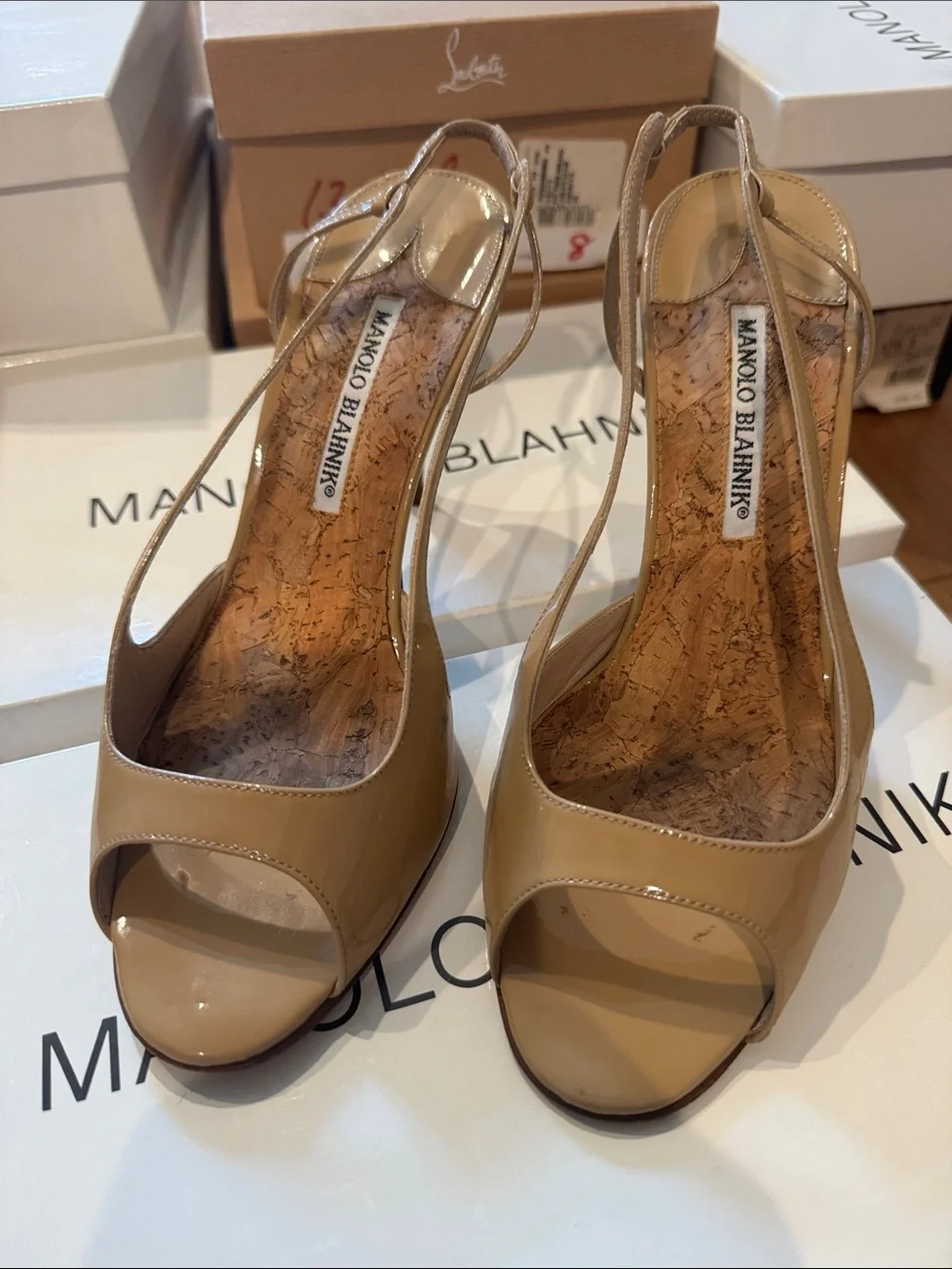 Manolo Blahnik Nude Patent Leather Slingback Peep-Toe Heels